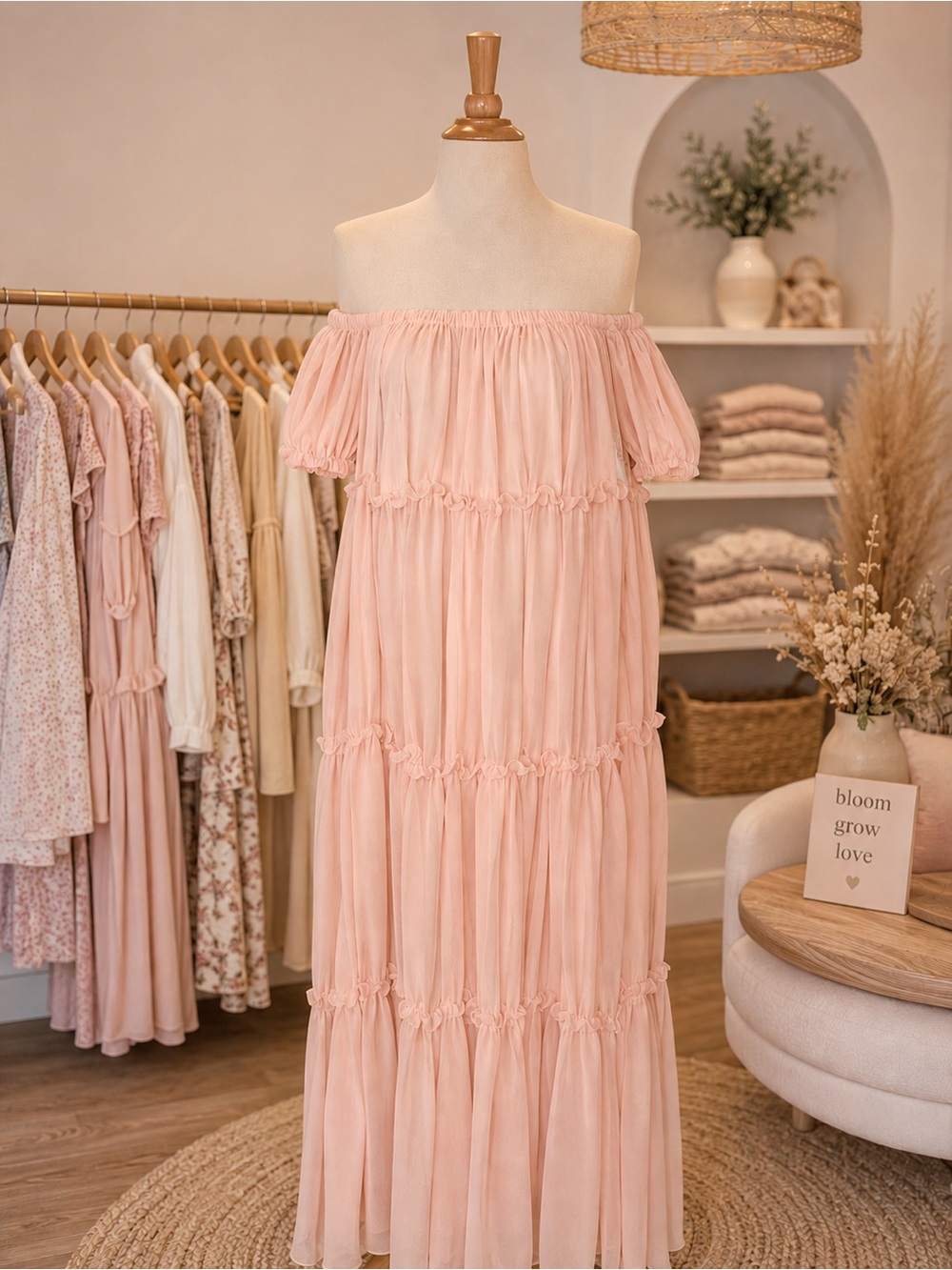Off-Shoulder Blush Pink Tiered Maternity Maxi Dress, Size 12/14